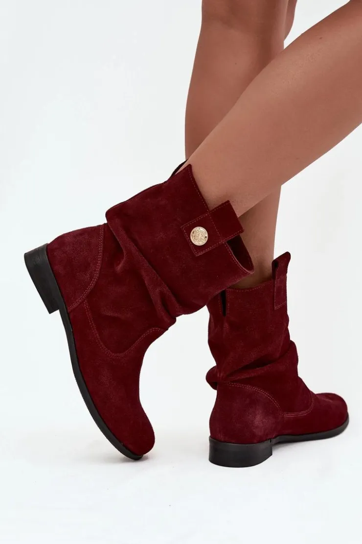 Damskie Zazoo Skórzane Zamszowe Botki Damskie Z Marszczeniem Ocieplane 4210 Bordowe
