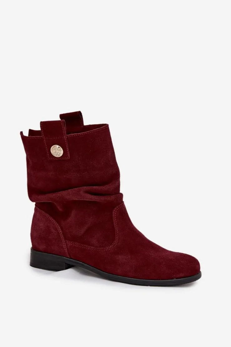Damskie Zazoo Skórzane Zamszowe Botki Damskie Z Marszczeniem Ocieplane 4210 Bordowe