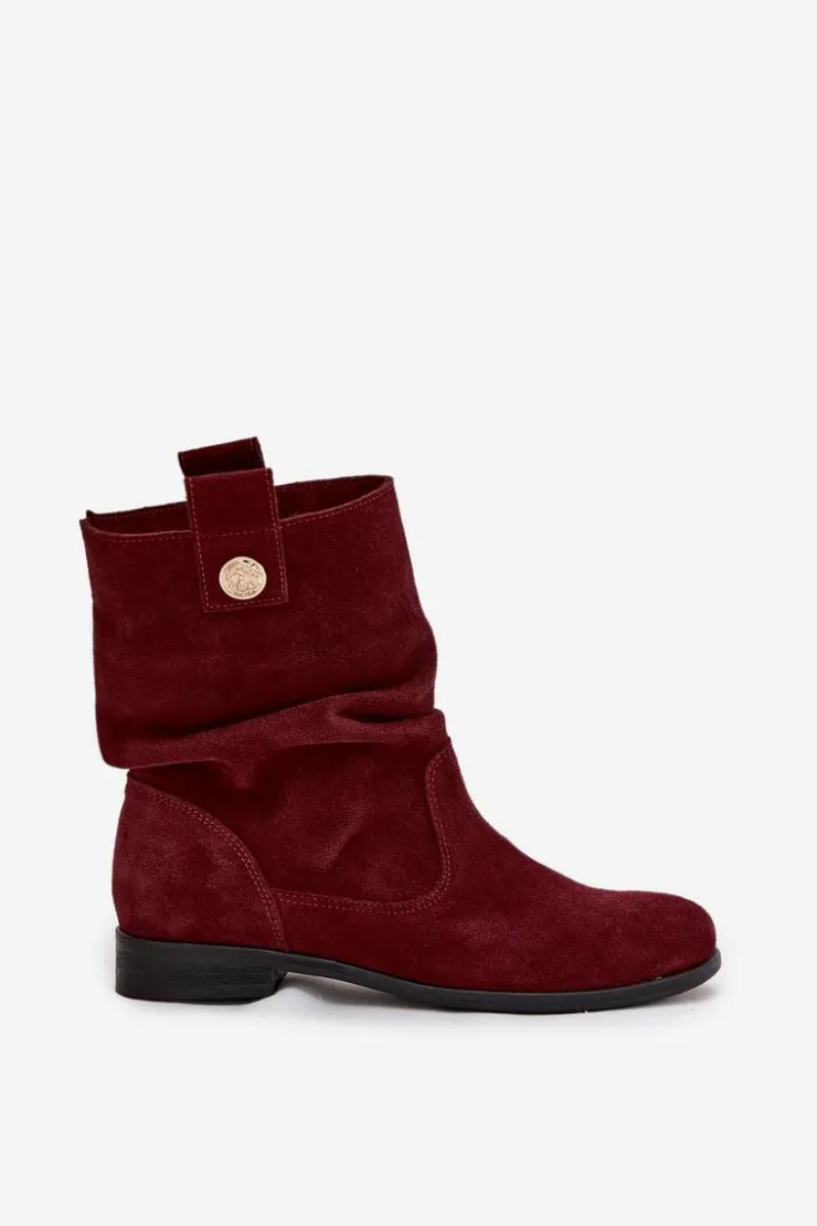 Damskie Zazoo Skórzane Zamszowe Botki Damskie Z Marszczeniem Ocieplane 4210 Bordowe
