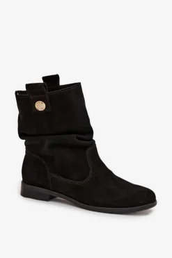 Zazoo Botki Ocieplane|Botki Płaskie*Skórzane Zamszowe Botki Damskie Z Marszczeniem Ocieplane 4210 Czarne Czarny