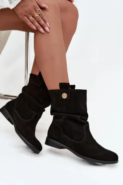 Zazoo Botki Ocieplane|Botki Płaskie*Skórzane Zamszowe Botki Damskie Z Marszczeniem Ocieplane 4210 Czarne Czarny