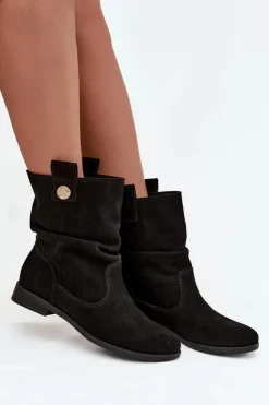 Zazoo Botki Ocieplane|Botki Płaskie*Skórzane Zamszowe Botki Damskie Z Marszczeniem Ocieplane 4210 Czarne Czarny