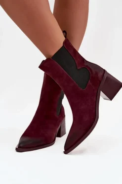 Sale Artiker Skórzane Zamszowe Botki Damskie Na Słupku Ocieplane 57C0048 Bordowe Czerwony