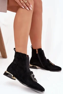 Discount D&A Skórzane Zamszowe Botki Damskie Na Niskim Obcasie Z Ozdobą MR52-217 Czarne Czarny