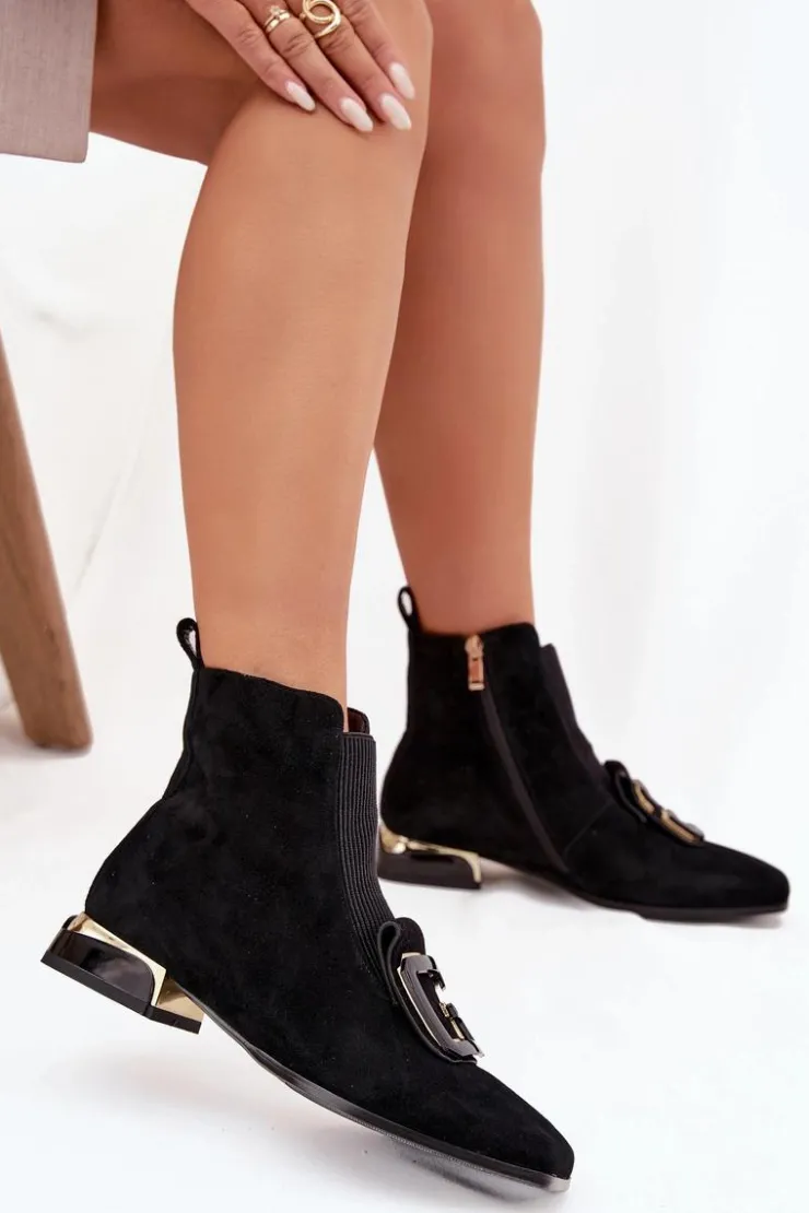 Discount D&A Skórzane Zamszowe Botki Damskie Na Niskim Obcasie Z Ozdobą MR52-217 Czarne Czarny