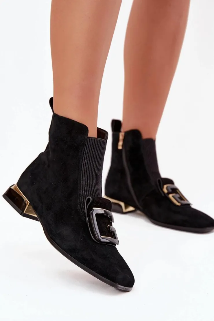 Discount D&A Skórzane Zamszowe Botki Damskie Na Niskim Obcasie Z Ozdobą MR52-217 Czarne Czarny