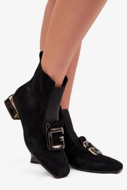 Discount D&A Skórzane Zamszowe Botki Damskie Na Niskim Obcasie Z Ozdobą MR52-217 Czarne Czarny