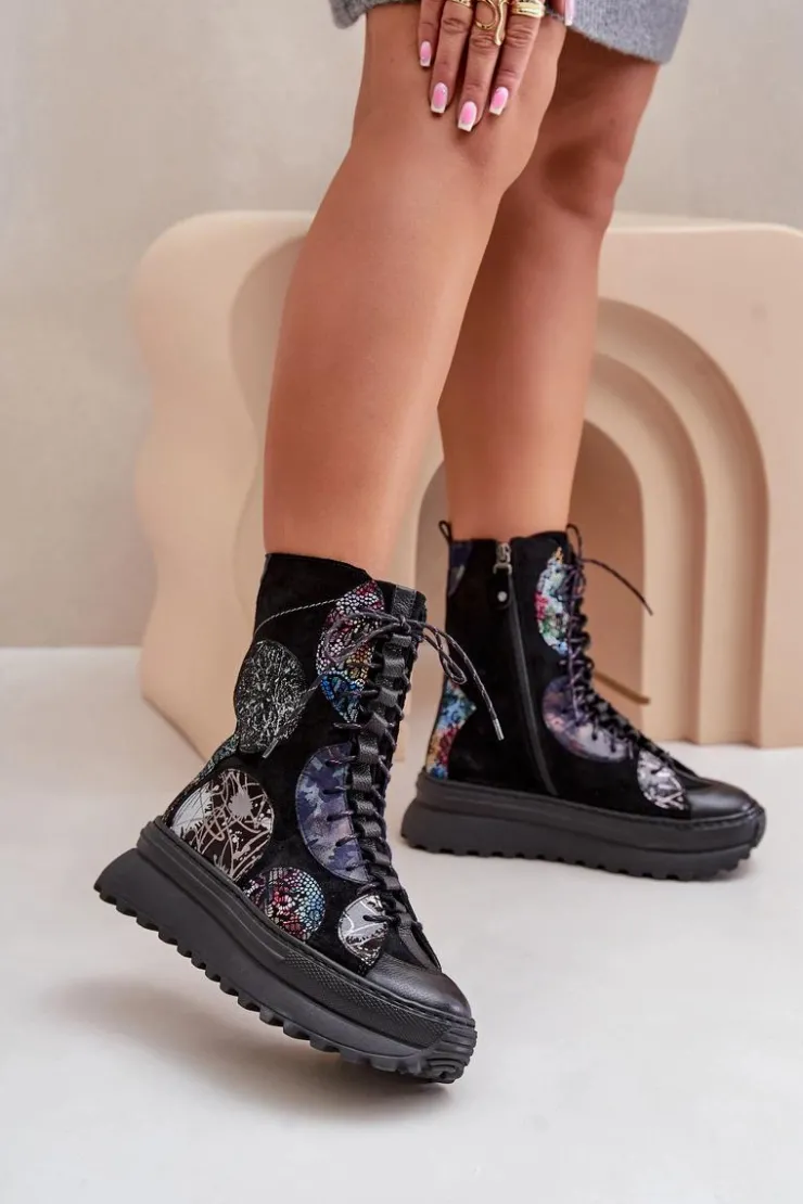 Maciejka Botki Maciejka|Damskie Trapery*Skórzane Zamszowe Botki Na Platformie Ocieplane 06565-01 Czarne