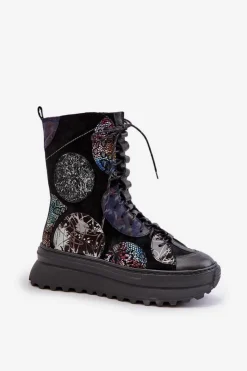 Maciejka Botki Maciejka|Damskie Trapery*Skórzane Zamszowe Botki Na Platformie Ocieplane 06565-01 Czarne