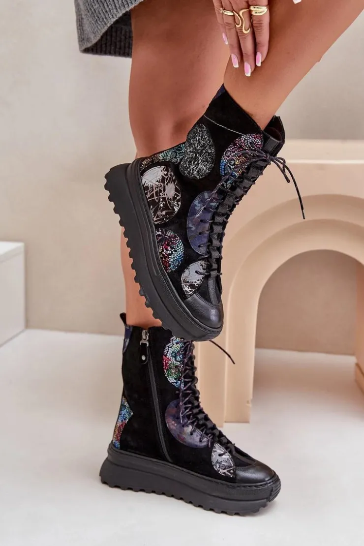 Maciejka Botki Maciejka|Damskie Trapery*Skórzane Zamszowe Botki Na Platformie Ocieplane 06565-01 Czarne