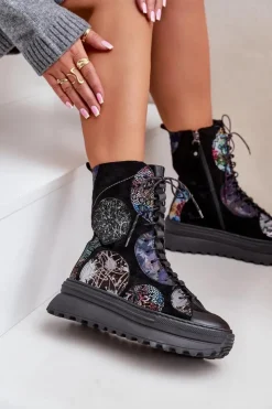 Maciejka Botki Maciejka|Damskie Trapery*Skórzane Zamszowe Botki Na Platformie Ocieplane 06565-01 Czarne