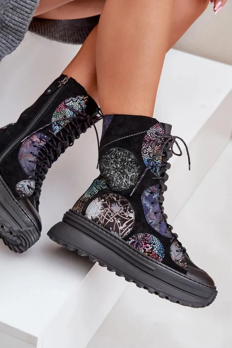 Maciejka Botki Maciejka|Damskie Trapery*Skórzane Zamszowe Botki Na Platformie Ocieplane 06565-01 Czarne