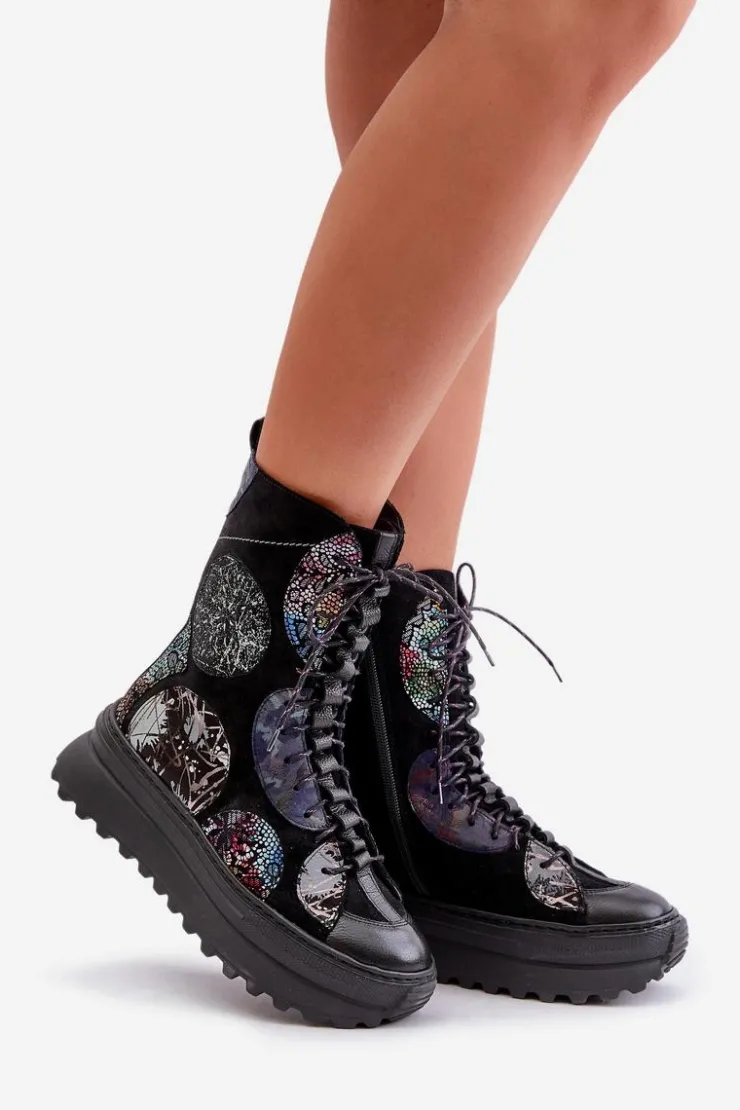 Maciejka Botki Maciejka|Damskie Trapery*Skórzane Zamszowe Botki Na Platformie Ocieplane 06565-01 Czarne