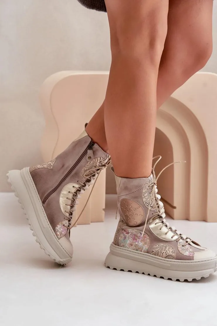 Maciejka Botki Maciejka|Damskie Trapery*Skórzane Zamszowe Botki Na Platformie Ocieplane 06565-04 Beżowe Beżowy