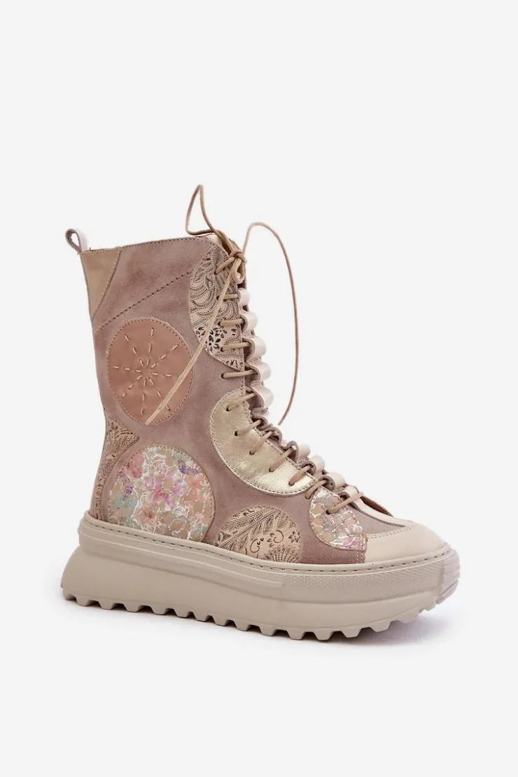 Maciejka Botki Maciejka|Damskie Trapery*Skórzane Zamszowe Botki Na Platformie Ocieplane 06565-04 Beżowe Beżowy