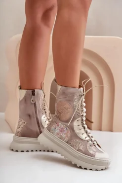 Maciejka Botki Maciejka|Damskie Trapery*Skórzane Zamszowe Botki Na Platformie Ocieplane 06565-04 Beżowe Beżowy