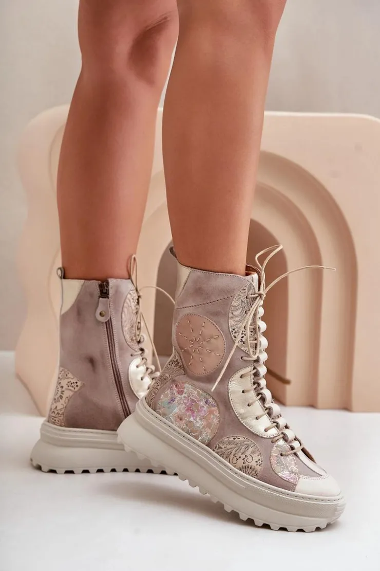 Maciejka Botki Maciejka|Damskie Trapery*Skórzane Zamszowe Botki Na Platformie Ocieplane 06565-04 Beżowe Beżowy