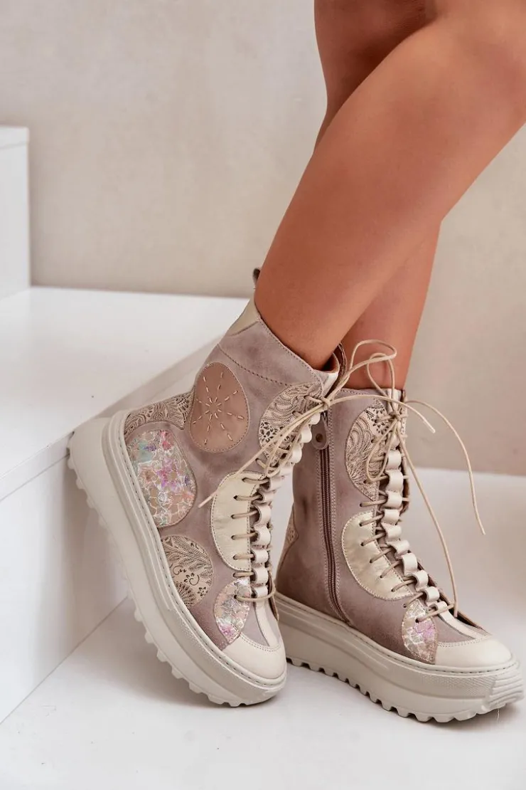 Maciejka Botki Maciejka|Damskie Trapery*Skórzane Zamszowe Botki Na Platformie Ocieplane 06565-04 Beżowe Beżowy