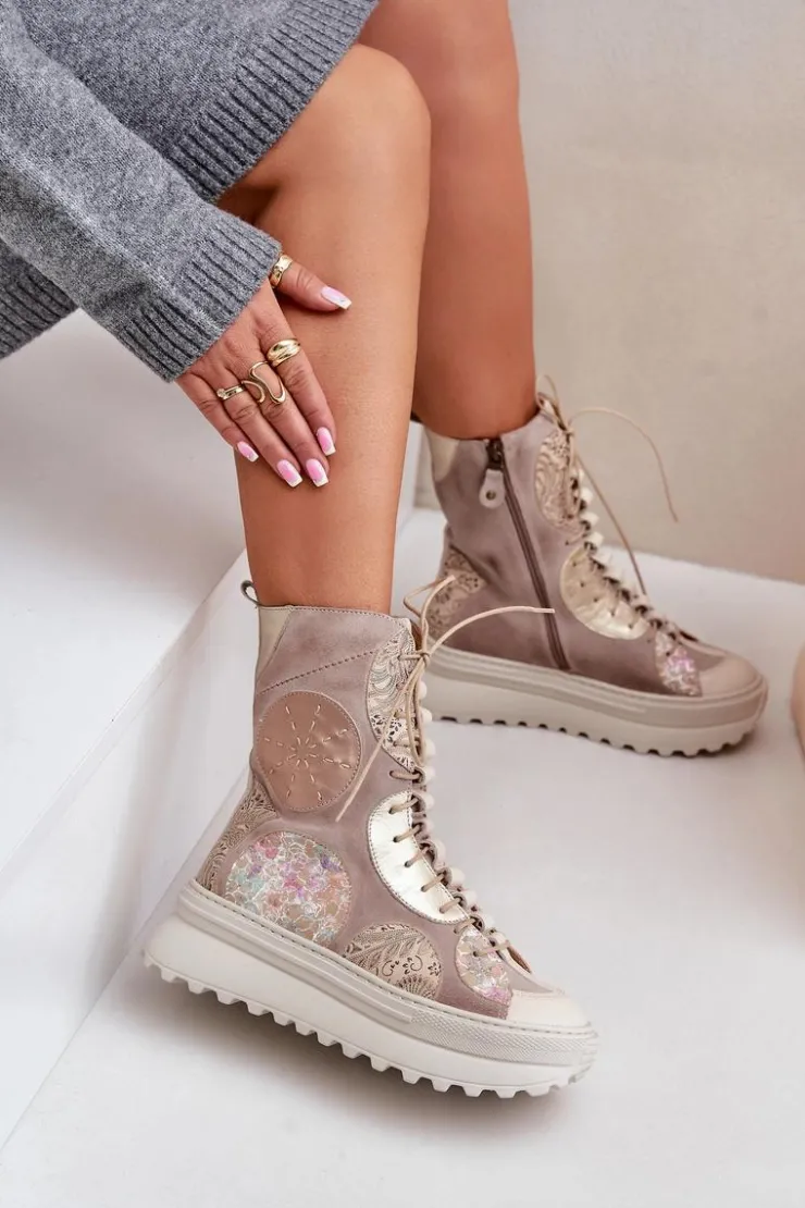 Maciejka Botki Maciejka|Damskie Trapery*Skórzane Zamszowe Botki Na Platformie Ocieplane 06565-04 Beżowe Beżowy