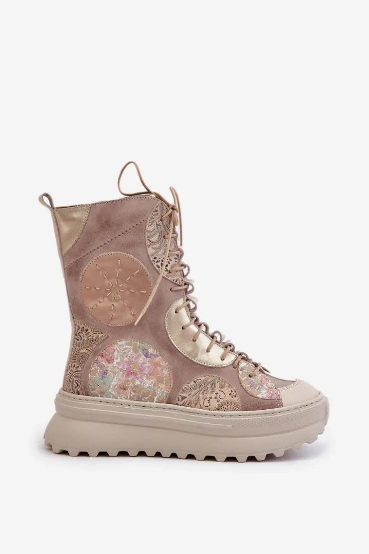 Maciejka Botki Maciejka|Damskie Trapery*Skórzane Zamszowe Botki Na Platformie Ocieplane 06565-04 Beżowe Beżowy