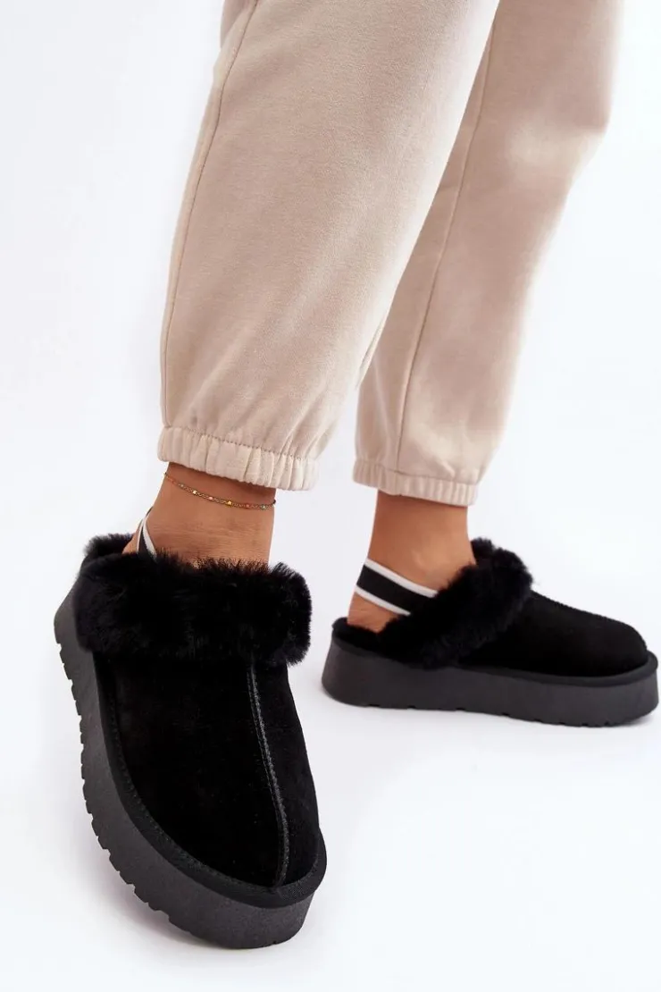Damskie Boto Skórzane Zamszowe Kapcie Damskie Na Platformie Z Futerkiem Czarne Sophienne