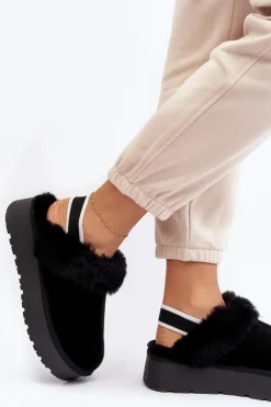 Damskie Boto Skórzane Zamszowe Kapcie Damskie Na Platformie Z Futerkiem Czarne Sophienne