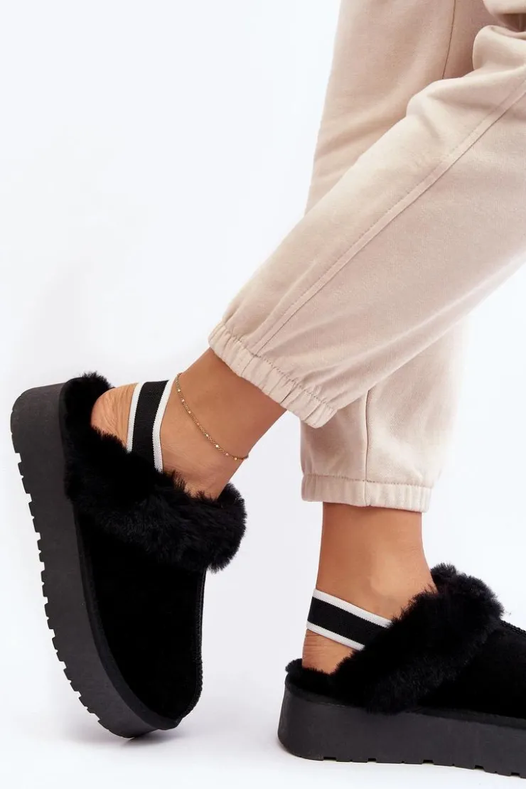 Damskie Boto Skórzane Zamszowe Kapcie Damskie Na Platformie Z Futerkiem Czarne Sophienne