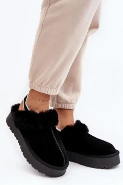 Damskie Boto Skórzane Zamszowe Kapcie Damskie Na Platformie Z Futerkiem Czarne Sophienne
