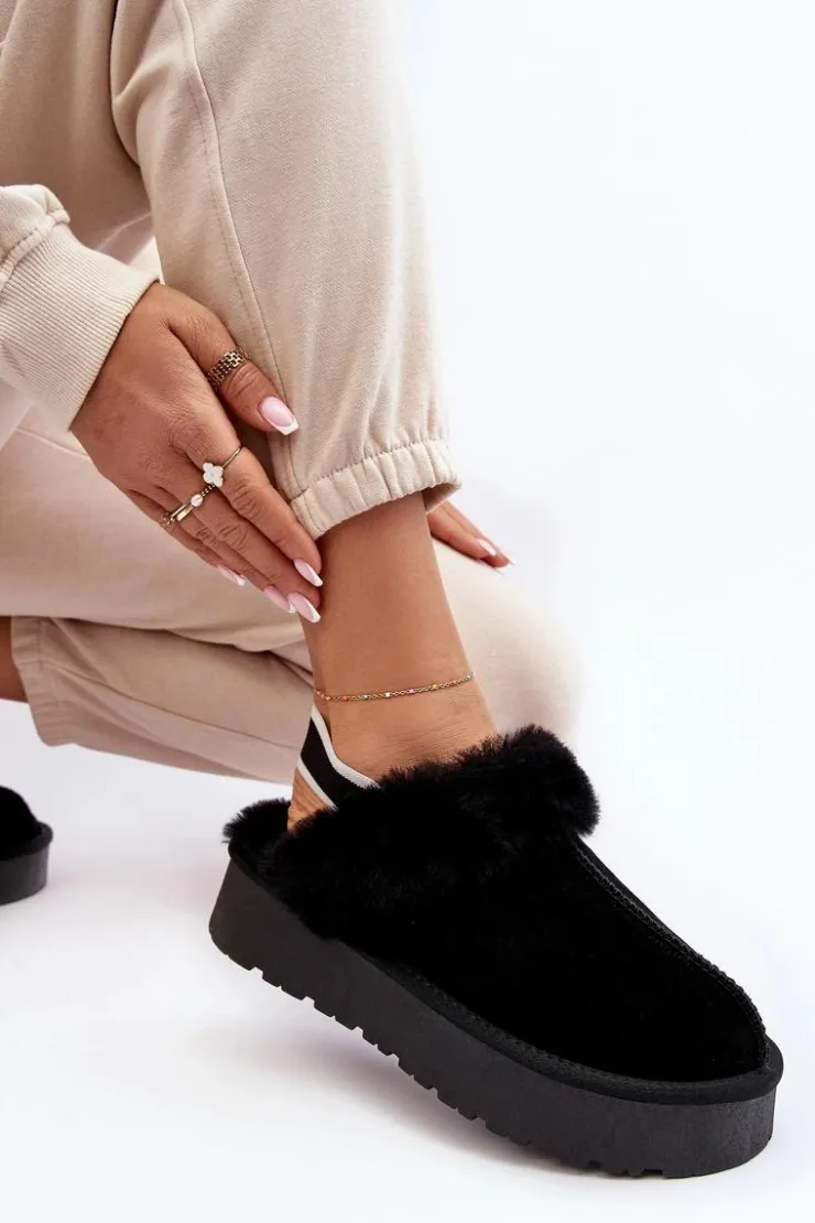 Damskie Boto Skórzane Zamszowe Kapcie Damskie Na Platformie Z Futerkiem Czarne Sophienne