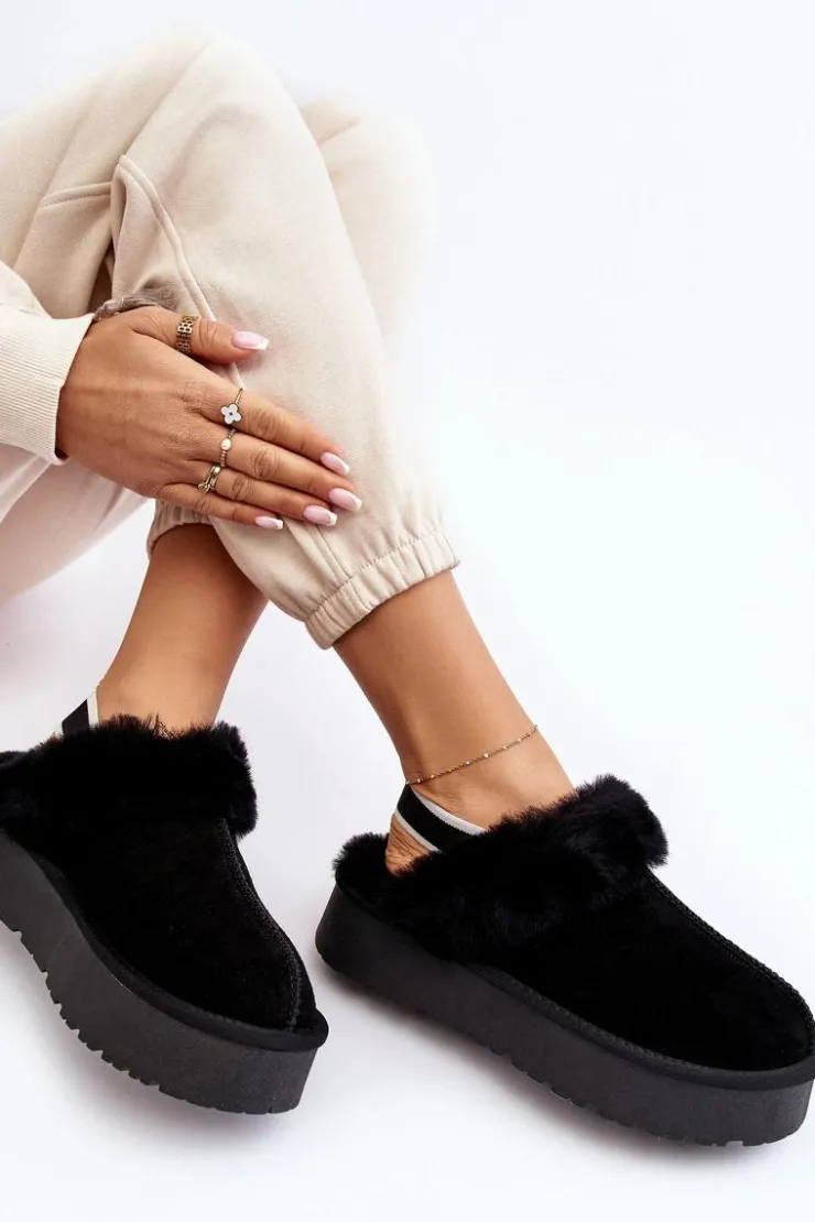 Damskie Boto Skórzane Zamszowe Kapcie Damskie Na Platformie Z Futerkiem Czarne Sophienne