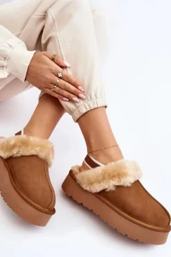 Boto Kapcie Klasyczne*Skórzane Zamszowe Kapcie Damskie Na Platformie Z Futerkiem Camel Sophienne Brązowy