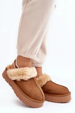 Boto Kapcie Klasyczne*Skórzane Zamszowe Kapcie Damskie Na Platformie Z Futerkiem Camel Sophienne Brązowy