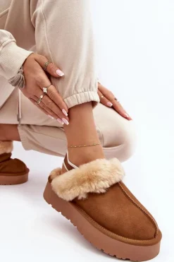 Boto Kapcie Klasyczne*Skórzane Zamszowe Kapcie Damskie Na Platformie Z Futerkiem Camel Sophienne Brązowy