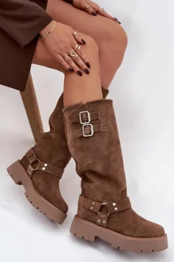 Clearance Big Star Shoes Skórzane Zamszowe Kozaki Damskie Z Klamrami Ocieplane Big Star OO274A182 Beżowe Beżowy