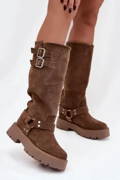 Clearance Big Star Shoes Skórzane Zamszowe Kozaki Damskie Z Klamrami Ocieplane Big Star OO274A182 Beżowe Beżowy