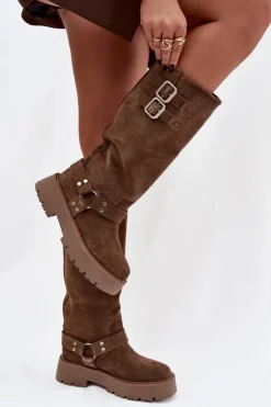 Clearance Big Star Shoes Skórzane Zamszowe Kozaki Damskie Z Klamrami Ocieplane Big Star OO274A182 Beżowe Beżowy