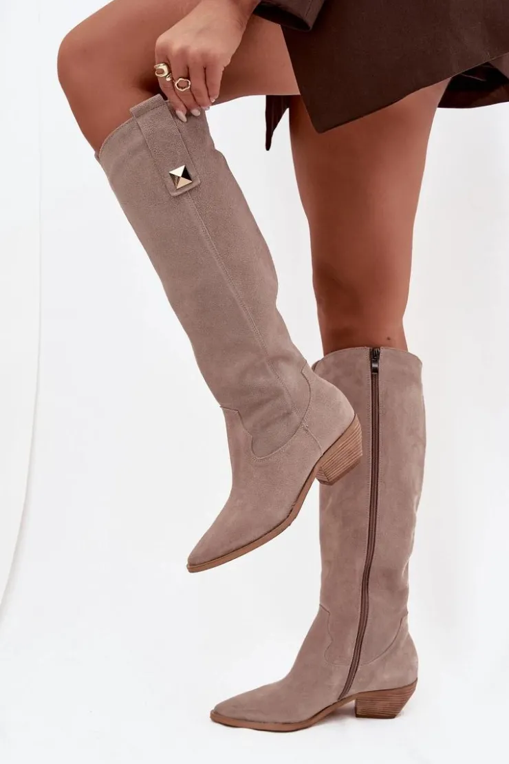 Online Zazoo Skórzane Zamszowe Kozaki Kowbojki Ocieplane 4224 Cappuccino Beżowy