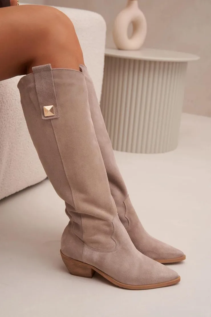 Online Zazoo Skórzane Zamszowe Kozaki Kowbojki Ocieplane 4224 Cappuccino Beżowy