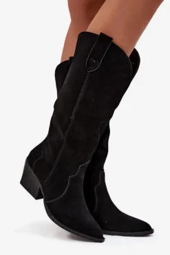 Boto Kozaki Ocieplane|Kozaki Na Słupku*Skórzane Zamszowe Kozaki Kowbojki Damskie Ocieplane Czarne Urselle Czarny