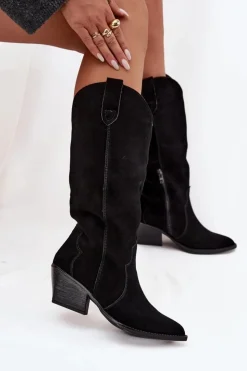 Boto Kozaki Ocieplane|Kozaki Na Słupku*Skórzane Zamszowe Kozaki Kowbojki Damskie Ocieplane Czarne Urselle Czarny