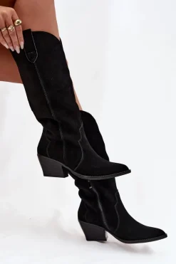 Boto Kozaki Ocieplane|Kozaki Na Słupku*Skórzane Zamszowe Kozaki Kowbojki Damskie Ocieplane Czarne Urselle Czarny