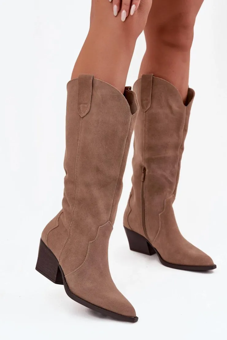 Clearance Boto Skórzane Zamszowe Kozaki Kowbojki Damskie Ocieplane Khaki Urselle Beżowy