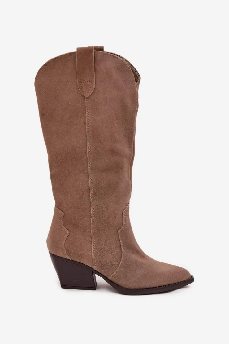 Clearance Boto Skórzane Zamszowe Kozaki Kowbojki Damskie Ocieplane Khaki Urselle Beżowy