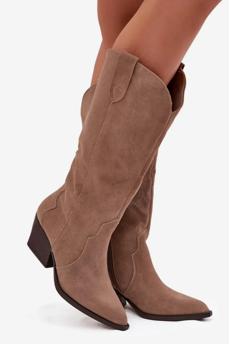 Clearance Boto Skórzane Zamszowe Kozaki Kowbojki Damskie Ocieplane Khaki Urselle Beżowy