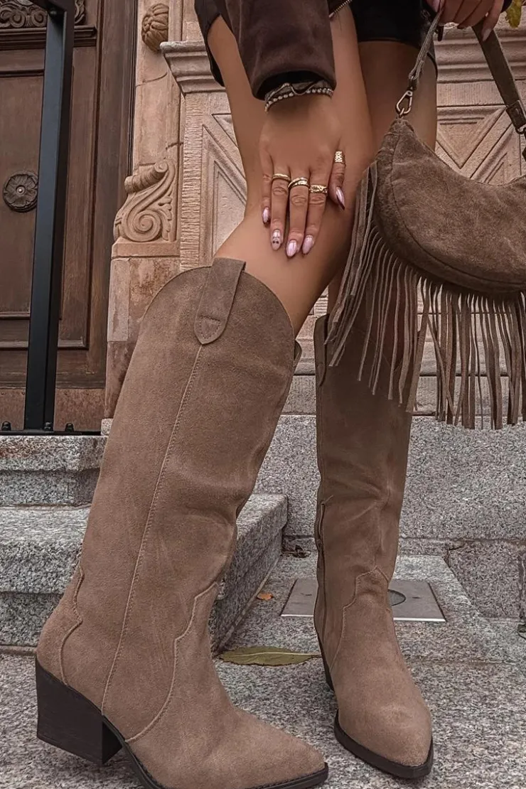 Clearance Boto Skórzane Zamszowe Kozaki Kowbojki Damskie Ocieplane Khaki Urselle Beżowy