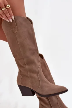 Clearance Boto Skórzane Zamszowe Kozaki Kowbojki Damskie Ocieplane Khaki Urselle Beżowy