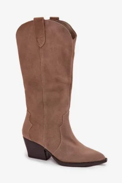 Clearance Boto Skórzane Zamszowe Kozaki Kowbojki Damskie Ocieplane Khaki Urselle Beżowy