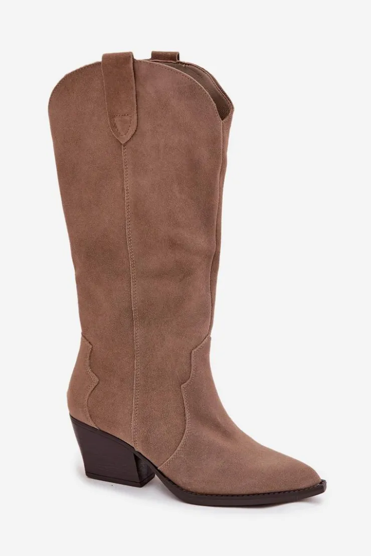 Clearance Boto Skórzane Zamszowe Kozaki Kowbojki Damskie Ocieplane Khaki Urselle Beżowy