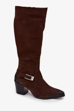 Zazoo Kozaki Ocieplane|Kozaki Przed Kolano*Skórzane Zamszowe Kozaki Na Obcasie Z Klamrą Ocieplane 70156 Czekoladowe Brązowy