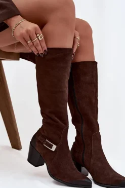 Zazoo Kozaki Ocieplane|Kozaki Przed Kolano*Skórzane Zamszowe Kozaki Na Obcasie Z Klamrą Ocieplane 70156 Czekoladowe Brązowy